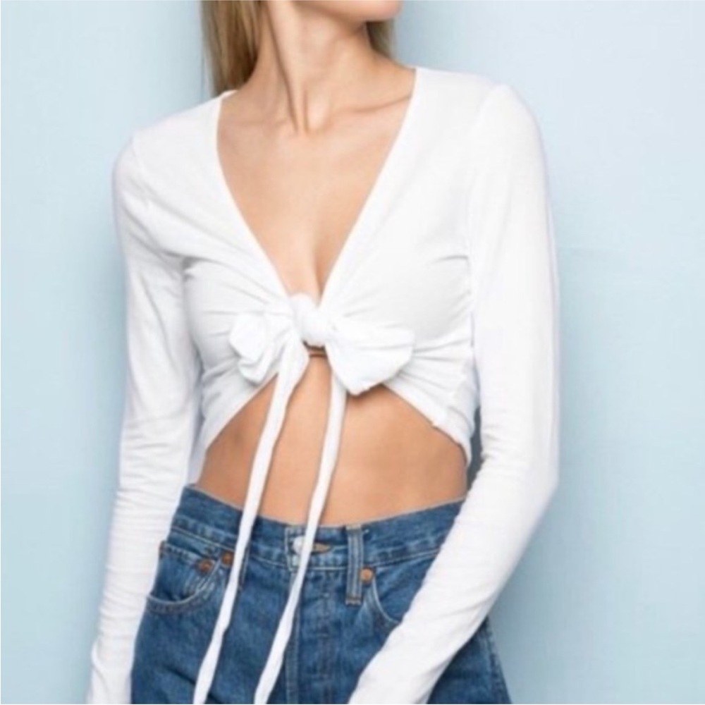 Brandy Melville- White Long Sleeve Tie-Front Top - Picture 2 of 4